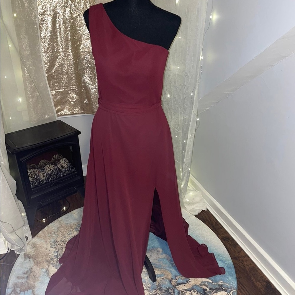 Mori Lee Bordeaux one shoulder bridesmaid dress